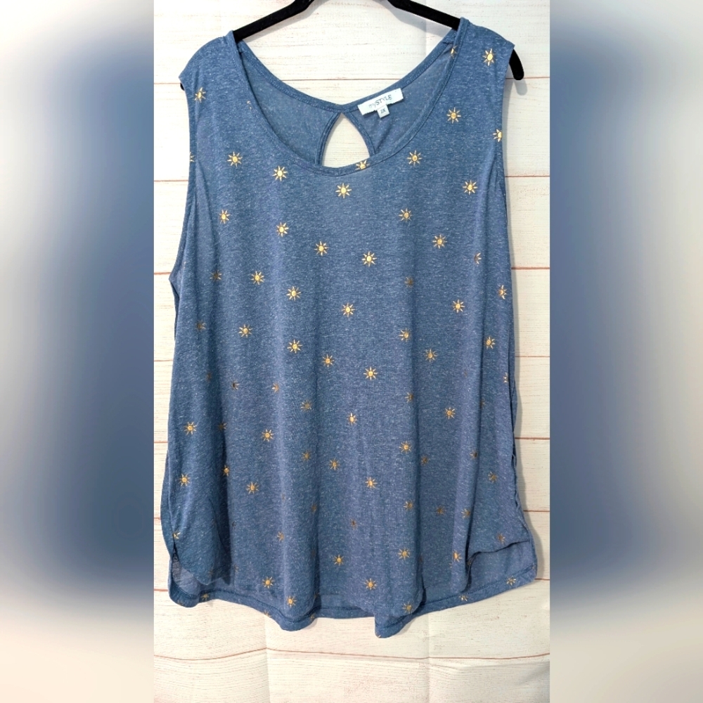 Euc My Style Blue Tank Top with Celestial Gold ⭐ ✨ Star Patterns 2X